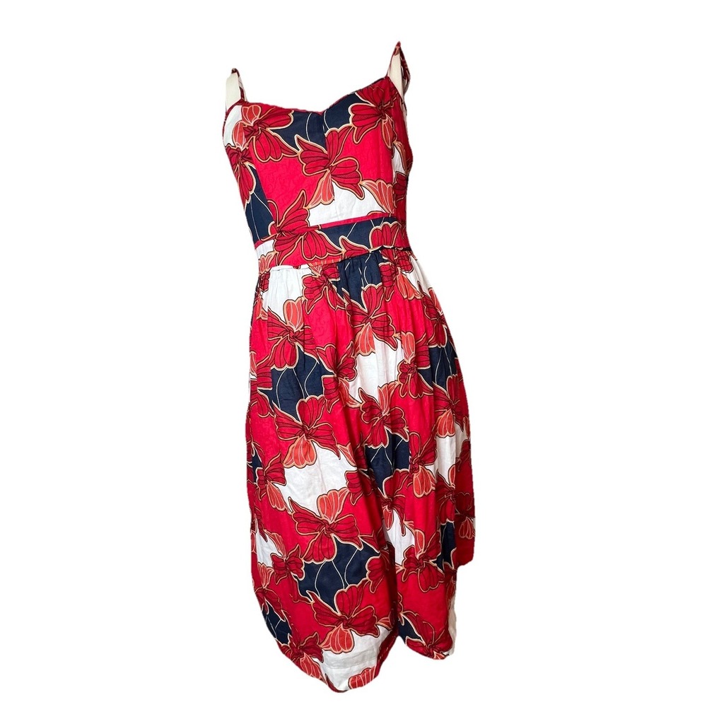 Ann Taylor Factory Floral Cotton Summer Dress Size 10 Red White Blue Tie Straps